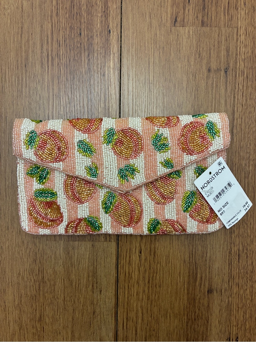 SOL and MER Beaded Peach Motif Envelope Clutch with removable chain strap